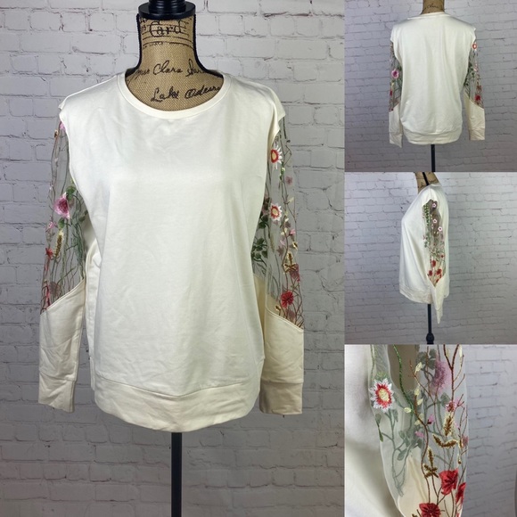 Giuliano Cream Sheer Embroidered Sleeve Sweatshirt - Picture 1 of 1